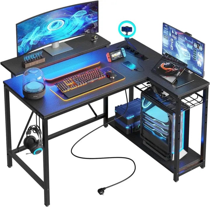 Escritorio en Forma de L con Tomas de Corriente y Luces LED, Escritorio Esquinero con Estantes, Reversible para Computadora para el Hogar, Oficina, Dormitorio, Espacio Pequeño, 106,5 cm - 1
