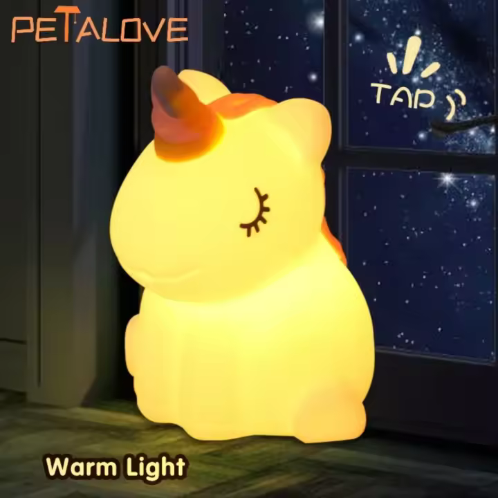 Luz LED nocturna de silicona con forma de unicornio para niños, recargable por USB, decoración de dormitorio de animales de dibujos animados, lámpara de noche táctil para regalos - 1
