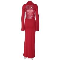 Cryptographic espalda abierta Sexy Split Maxi Vestido trajes elegantes para mujeres Chic manga acampanada Fiesta Club moda vestidos rojos Vestido - details 2