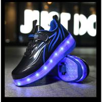YUNICUS Led Light Boys Girls Shoe USB Charging Black Two Wheels Luminous Sneakers Roller Skate Shoes for Children Kids Led Shoes - details 12