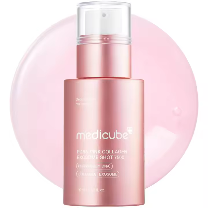 medicube PDRN Suero de exosoma de colágeno rosa 7,500 PPM Exosoma potenciador líquido, ADN de salmón PDRN, espinillas tono desigual, poro - 1