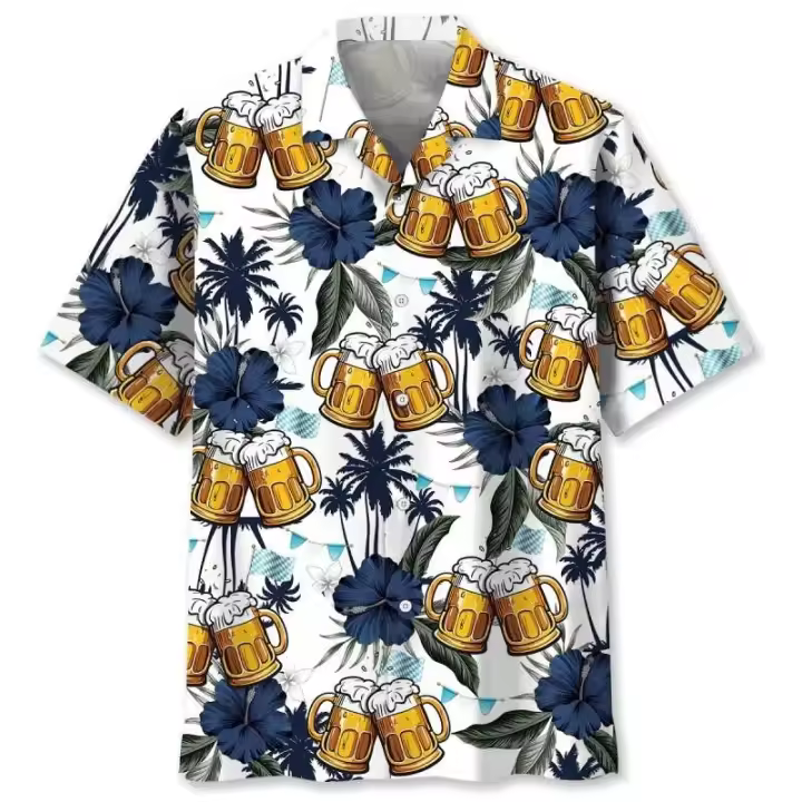 Estampado completo hawaiano para celebración de festivales, pantalones cortos de manga casual con estampado de cerveza, camisa de playa para hombre, camisa - 1