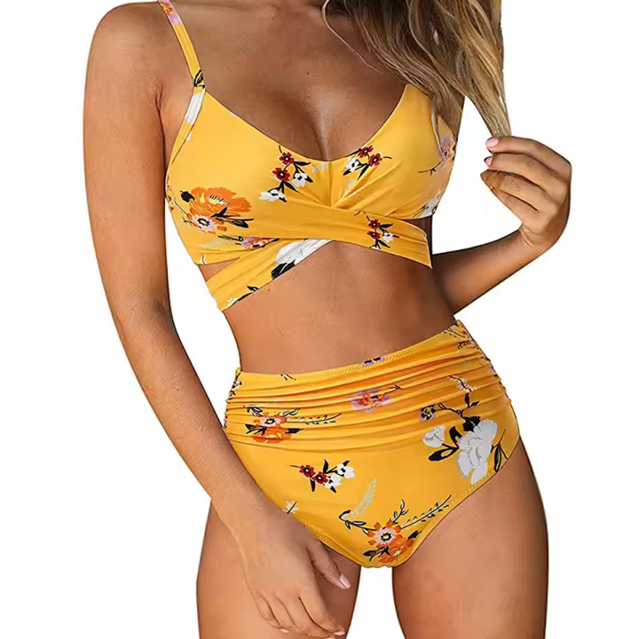 Traje de baño dividido de cintura alta para mujer, bikini multicolor con estampado de cuello halter cruzado - 1
