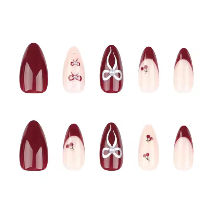 Uñas Postizas de Vino Color Franco, Diseño de Almendra Corta, Uñas Postizas Adhesivas Completas - 1