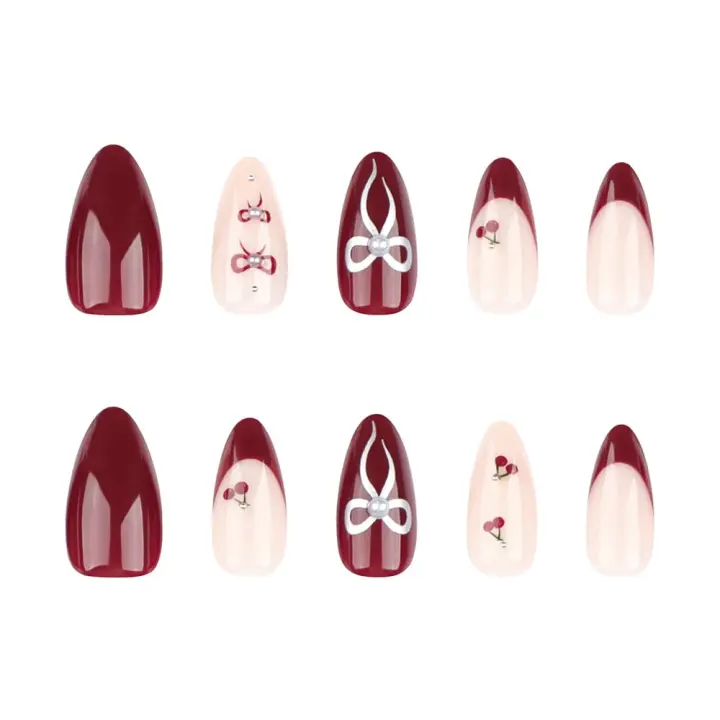 Uñas Postizas de Vino Color Franco, Diseño de Almendra Corta, Uñas Postizas Adhesivas Completas - 1