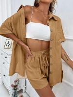 Conjunto de camisa de dos piezas de color sólido con pantalones cortos de moda para mujer, informal, suelto, manga corta, una sola fila - details 6