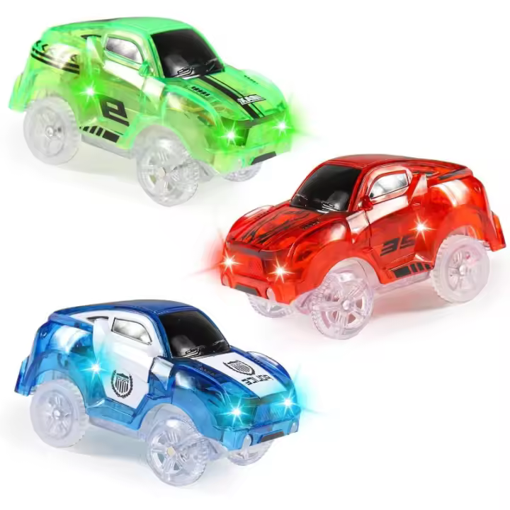 Pack de 3 Coches de Carreras, Coches Mágicos, Coches de Pistas con 5 LED intermitentes, coche de juguete luminoso, compatible con la mayoría de pistas para niños, niños y niñas (coches de carreras) - 1