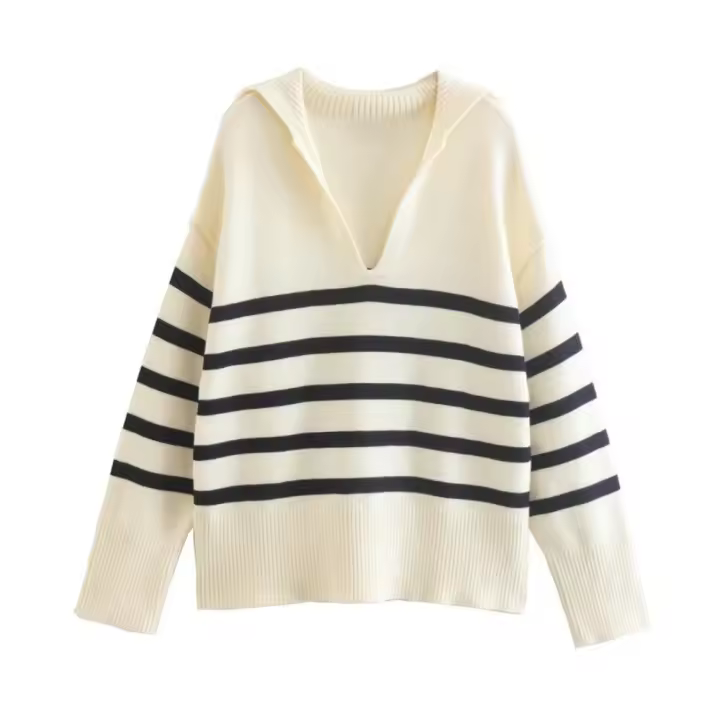 Jersey de punto a rayas para mujer, Jersey de manga larga con cuello en V, color Beige, Otoño e Invierno - 1