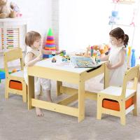 Juego de Mesa y 2 Sillas Infantiles 3 en 1, Grupo de Asientos y Escritorio con Pizarra para Niños, Mueble Infantil con Cajón de Almacenamiento Que Ahorra Espacio, Madera, Naranja - details 1