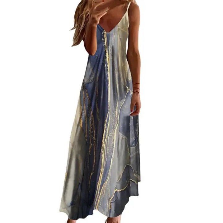 Vestido largo casual con cuello en V para mujer, moda de verano. - 1