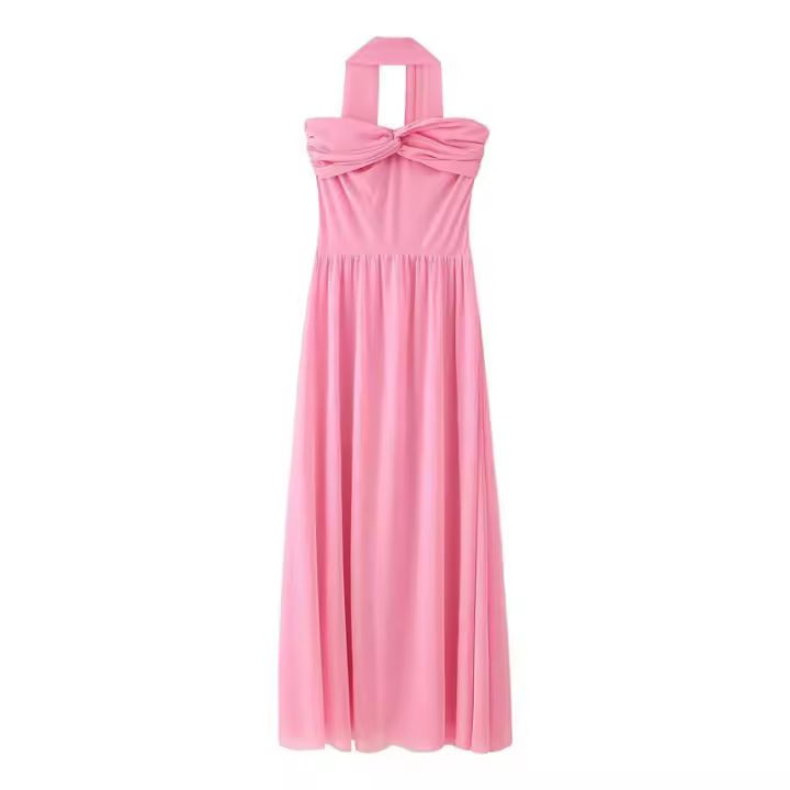 Elegante Vestido Largo de Fiesta de Malla Rosa sin Tirantes Vestido de Fiesta para Mujer con Cuello y Buffer y Espalda Descubierta - 1