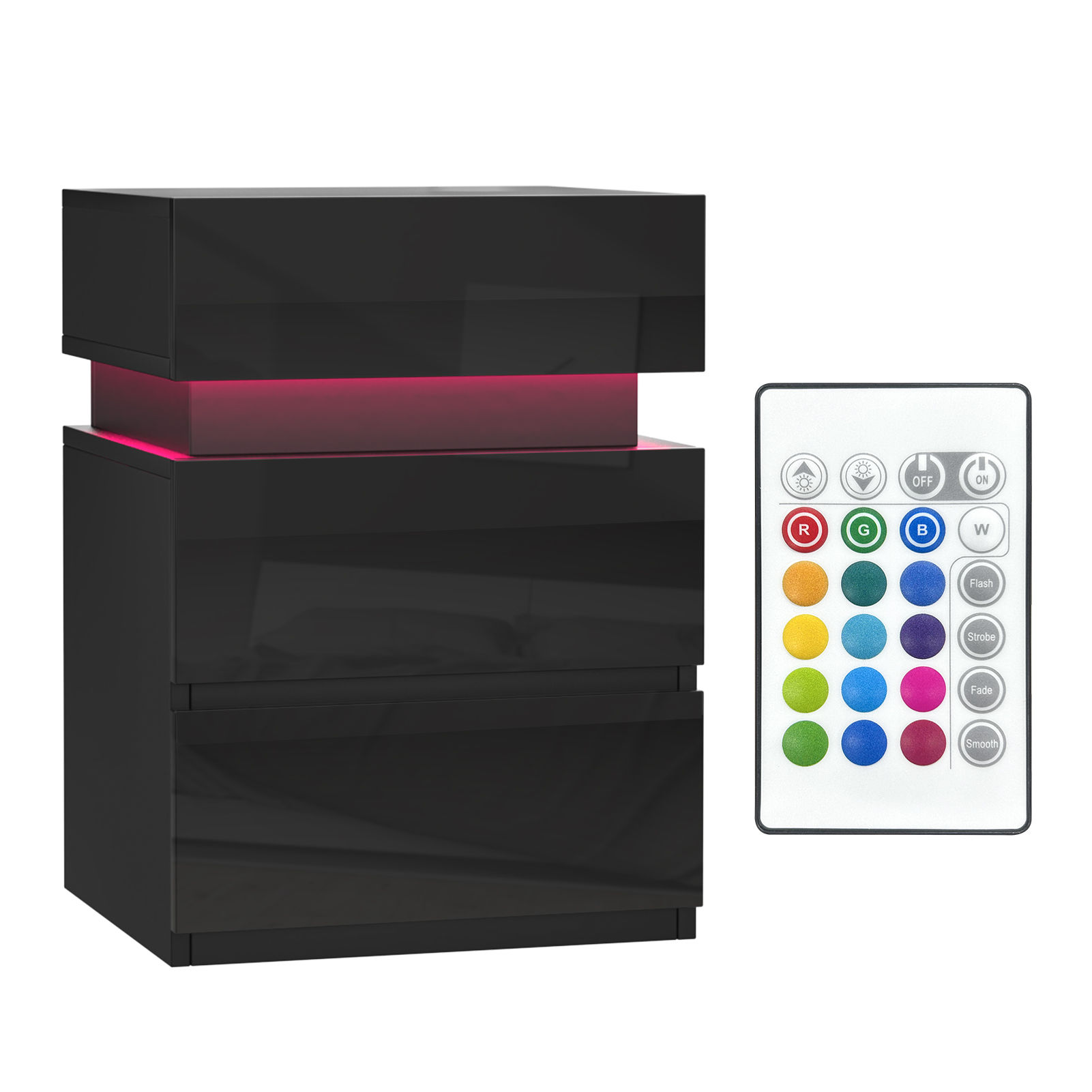 Rcynview Mesita de Noche Moderna  Madera Luz LED Colores Ajustables Acabado Brillante 40x35x55cm