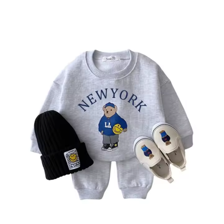 Versión coreana ins ropa para niños 2025 ropa de bebé para hombres y mujeres suéter de oso de dibujos animados pantalones casuales traje deportivo suelto - 1