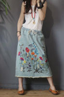 Falda de Mezclilla Bordada Suelta de Lujo Vintage Estilo Coreano para Mujeres Moda Casual de Calle con Floral Talla Grande Longitud Midi Material Exterior Denim - details 2