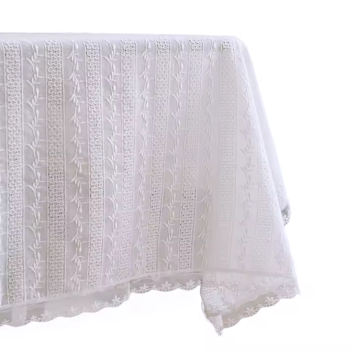 Mantel Mesa Antimanchas Blanco a Rayas con Bordado Floral y Hojas Tela a Encaje Mantel Lavable Retro Cuadrado / Rectangulares - 1