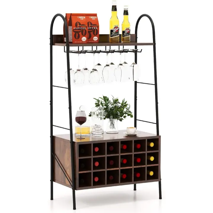 18 Botellas, Estantería para Vino con Soporte para 15 Copas, Organizador de Botellas con Estantes Abiertos para Cocina, Comedor, Bar, 63 x 32 x 114,5 cm - 1
