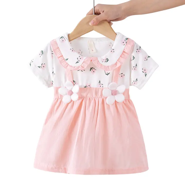 Vestido de manga corta para niña, Vestido de manga corta con decoración de flores grandes, ropa de fiesta de verano - 1