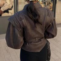 Chaqueta Corta de Cuero con Cinturón Abrigo de Moto de Manga Larga para Mujer - details 9