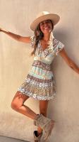 Vestido de estilo étnico, novedad de verano, jersey con cuello en V, mangas voladoras estampadas, Falda corta ceñida con cintura A-e para mujer - details 0