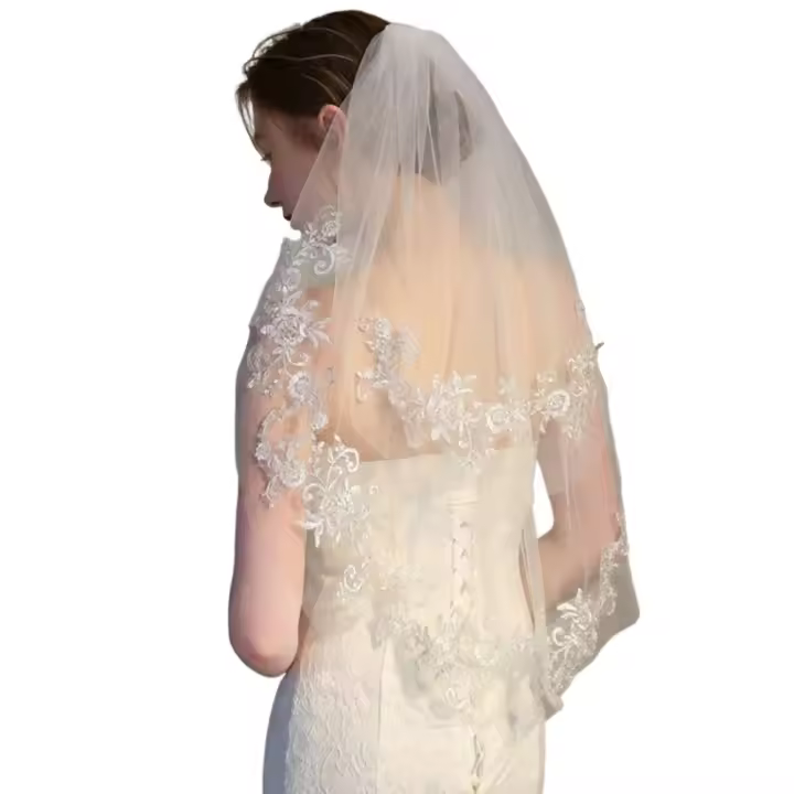 Boda de encaje nupcial para velo de novia de 2 niveles con apliques de cintura corta y velos de tul suaves con peine - 1