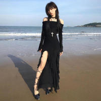 BUNO-elegante moda volantes oscuros vestido largo dividido gótico Slash cuello manga larga Maxi vestidos para mujeres 2023 vacaciones playa - details 1