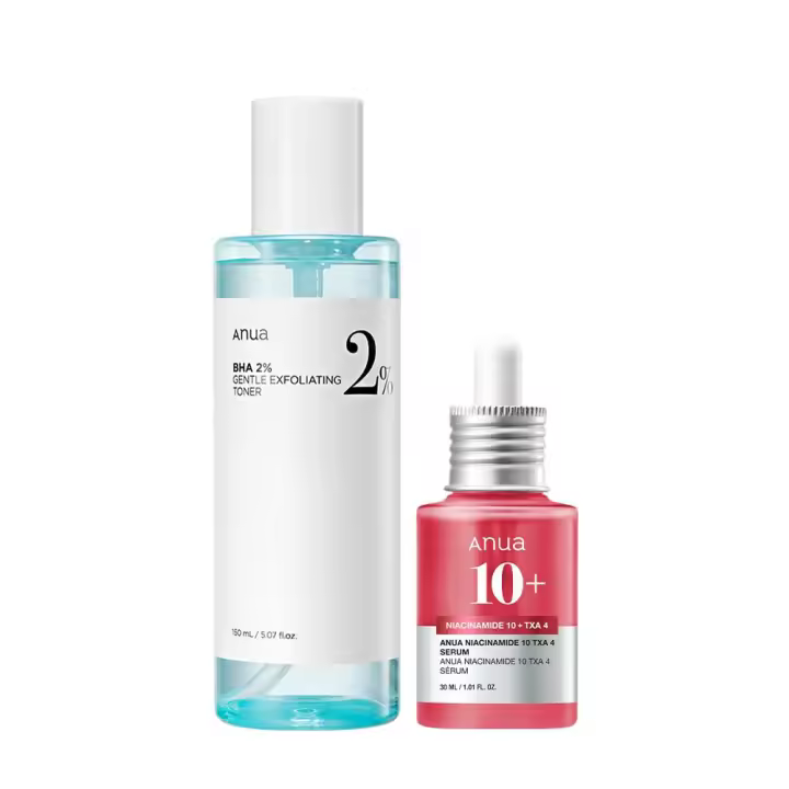 Anua 2% BHA Skin Booster Duo - 10% niacinamida + 4% suero de ácido tranexámico piel apagada, tónico exfoliante suave, ácido salicílico, - 1