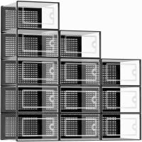 Cajas para organizar zapatos, 12 contenedores de almacenamiento apilables de plástico transparente con tapas, para armario, bajo cama, entrada, frontal abatible, apto hasta 41 de mujer, negro - details 0