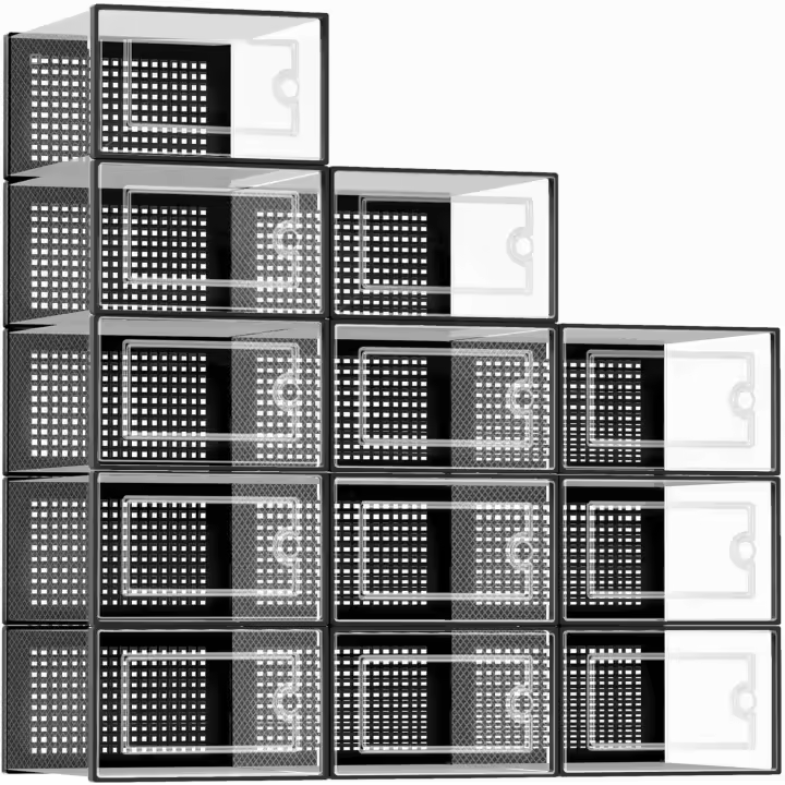 Cajas para organizar zapatos, 12 contenedores de almacenamiento apilables de plástico transparente con tapas, para armario, bajo cama, entrada, frontal abatible, apto hasta 41 de mujer, negro - 1