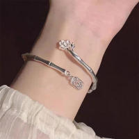 Adjustable Lucky Blessing Bamboo Lotus Bracelet Silver Color Hollow Letter Pendant Bangle For Women Adjustable Opening Bangle - details 4