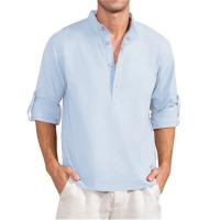 Camiseta de manga larga de lino para hombre, Tops sueltos de Color sólido, camisa de lino de algodón transpirable informal, primavera y verano - details 5