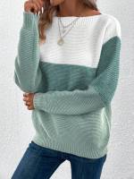 Elegant Three-color Patchwork Sweater Women Daily Commuter Casual Loose Jumpers Female Autumn Winter Knitted Thickened Warm Tops - details 15