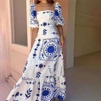 Vestido Maxi de Verano para Mujer Manga Corta, Cuello Cuadrado, Estilo Ple Pleito, Impresión Acolchado, Delgado, Perfecto para Fiestas y Vacaciones - details 1
