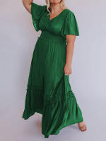 Vestido largo de encaje formal con cuello en V para mujer, con volantes y flecos, manga corta, estilo bohemio, para invitados de boda - details 7