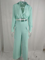 Women casual 2 pieces set elegant turn down collar long sleeve shirt and wide leg pants - details 17