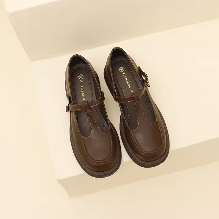Nuevo Xiaoxiangfeng boca poco profunda T cinturón suela gruesa tacón medio zapatos pequeños de cuero casual zapatos de mujer - 1