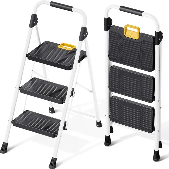 Carga hasta 360 kg, con Bloqueo de Seguridad, Pedales Anchos Antideslizantes, Pasamanos, Escalera Doméstica Ligera de Acero Hogar Cocina Oficina Armarios, Blanco - 1