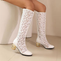 Botas de empalme de malla para primavera/verano 2025, nuevas botas geniales de tacón medio con cremallera trasera y punta redonda para mujer - details 7