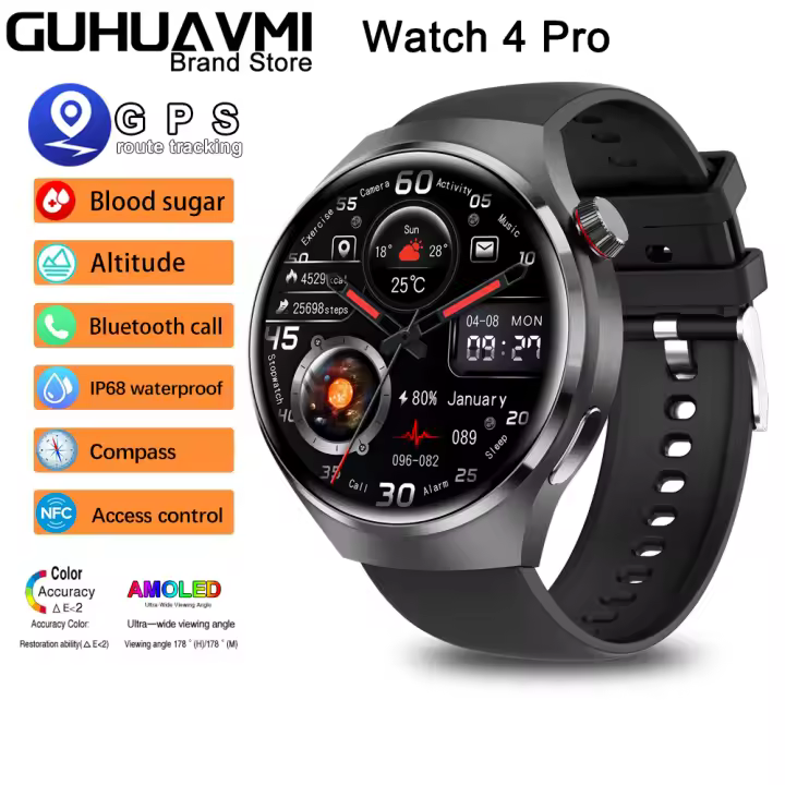 GPS Reloj inteligente Watch 4 PRO para hombre, accesorio de pulsera resistente al agua IP67 con GPS, resistente al agua, control de glucosa en sangre, IA, voz, Bluetooth, llamadas, NFC, 360x360 HD  AMOLED, Relojes deportivos para hombres,2024 - 1