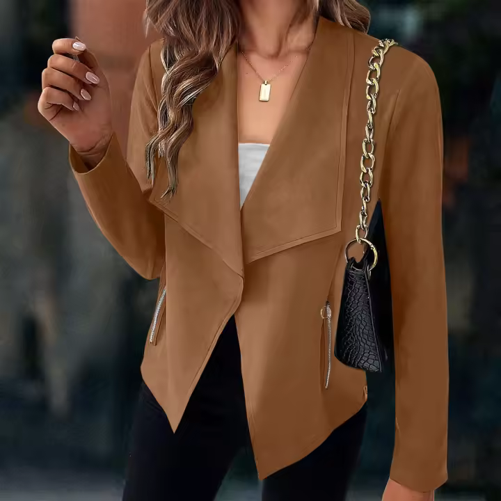 Chaqueta de Anteiro Suave de Color Beige Cardigan Corto Adelgazante de Moda para Mujer - 1