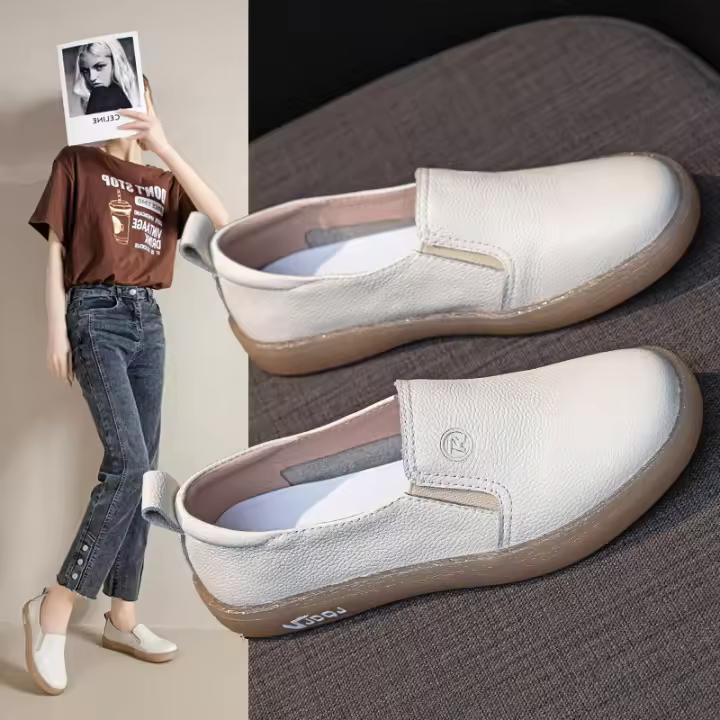 Zapatos Blancos de Cuero Suave Mocasín de Mujer Pequeño Elegante para Embarazadas - 1