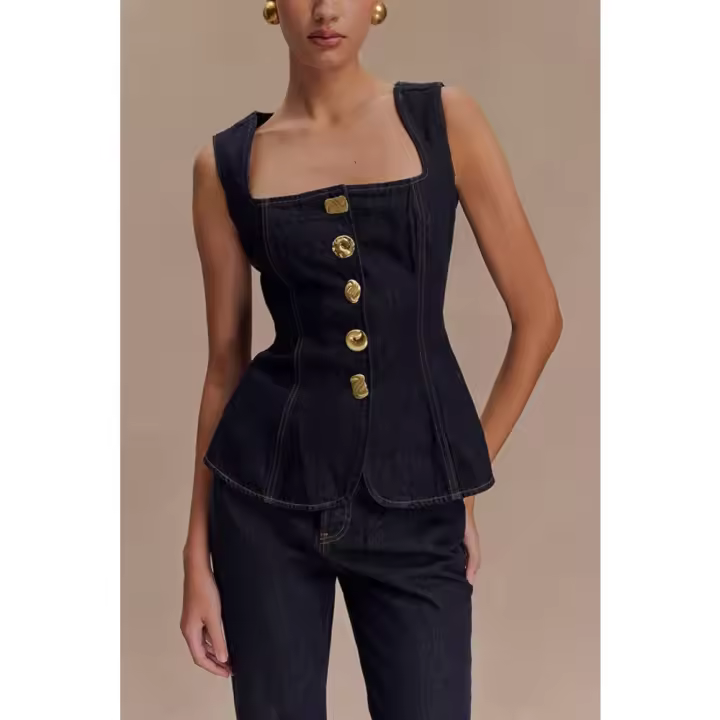 Conjunto de Denim para Mujer de Alta Calidad con Botones Modernos Chaqueta y Pantalón Ajustados - 1