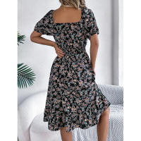 Primavera Verano 2025 Europeo y Americano Floral Cuello Cuadrado Manga Corta Cintura con Volantes Falda Línea A - details 32