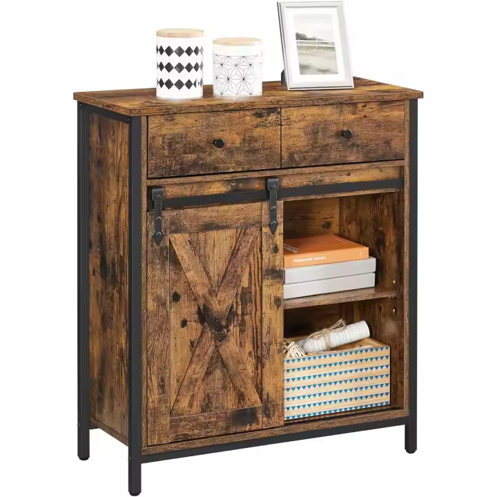 Mueble de Almacenamiento, Aparador, Armario de Cocina, con Puerta Corredera, 30 x 70 x 80 cm, Estante Ajustable, Estilo Rústico, para Sala de Estar, Marrón Roble y Negro - 1