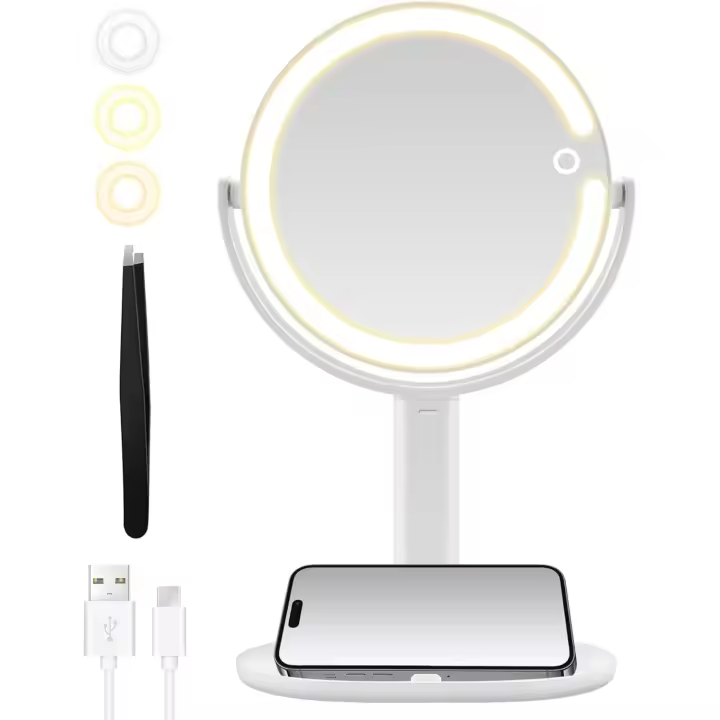 MOMOKUBA Luces de maquillaje, luz de espejo de aumento de doble cara 1x/20x, luces recargables de 3 colores y brillo ajustable, 360 ° - 1