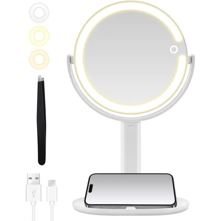 MOMOKUBA Luces de maquillaje, luz de espejo de aumento de doble cara 1x/20x, luces recargables de 3 colores y brillo ajustable, 360 ° - 1
