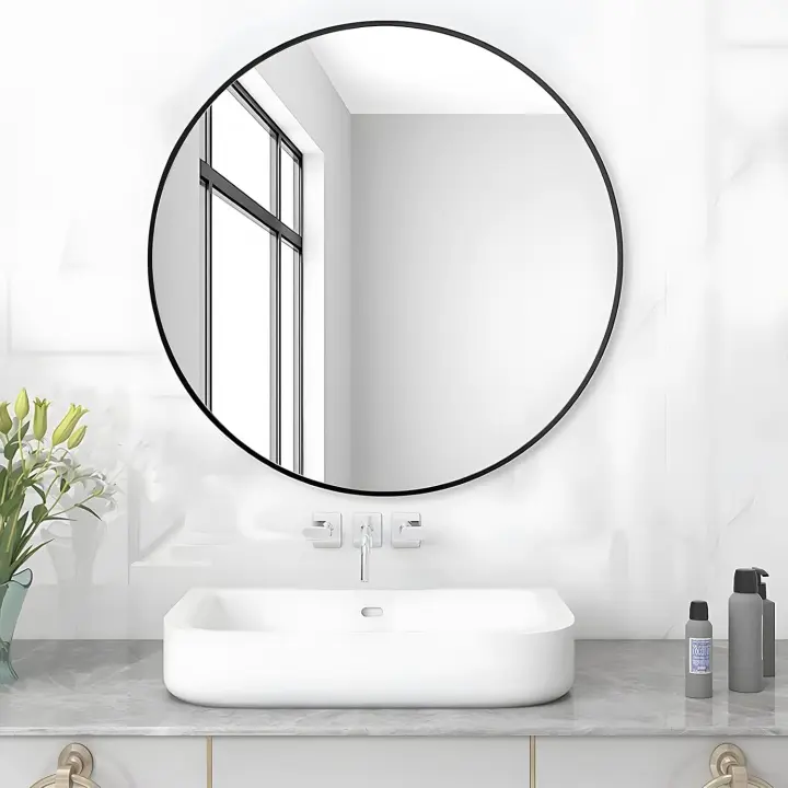 MEESALISA Lisa Espejo de baño Redondo 70 x 70 cm sin iluminación, Espejo de Pared Redondo 700 mm con Marco de Metal Negro Mate, Borde Negro, Vestíbulo, Dormitorio, salón, Decorativo - 1