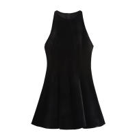 TRAFZA-Vestidos de fiesta lisos de cintura alta para mujer, Vestido corto plisado sin mangas con cuello redondo, minifalda de terciopelo a la moda, verano - details 2