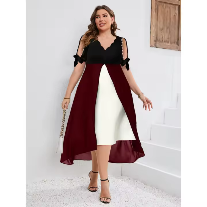 Primavera Verano nuevo vestido de manga media Irregular de dos piezas falso con cuello en V de talla grande para mujer - 1