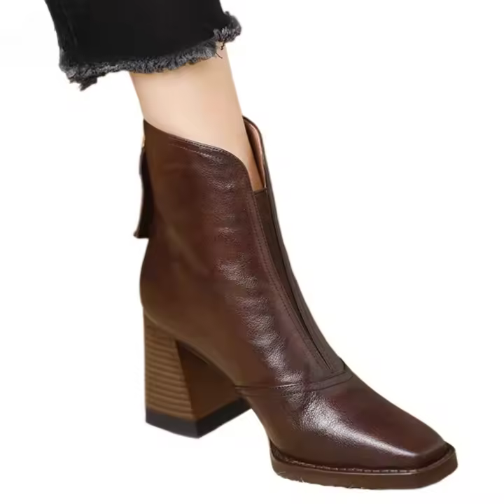 Botines de cuero de felpa para mujer, botas de barco cálidas con tacón y cremallera - 1