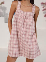 Maemukilabe Vestido de mujer vintage a cuadros sin mangas con cuello cuadrado y espalda descubierta, minivestido holgado de verano con bolsillos - details 2